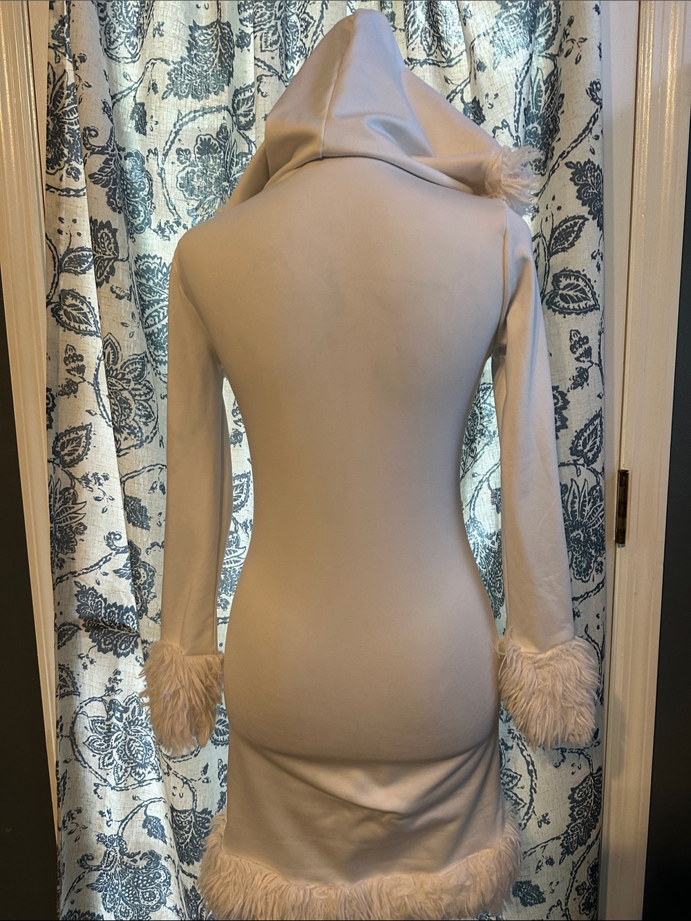Faux-Fur Trim Hooded Bodycon Dress in Cream - Picture 2 of 5